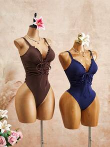 SHEIN 女款素色抓皺細肩帶一件式泳衣，適合海邊度假、泳池派對、海灘派對 - 彩色 - 查看 4