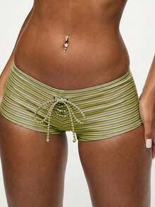 SUMWON WOMEN Halter Triangle Bikini Set With Horizontal Stripes And Lace-Up Boy Shorts For Beach Vacation Swimming Pool Summer Resort Wear - Khaki - View 4
