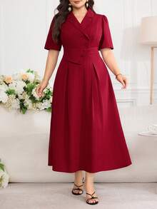 Modelyn 大尺碼女款素色簡約日常長版晚禮服洋裝 - 酒紅色 - 查看 6