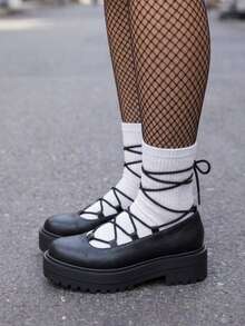 Women's Drawstring Platform Shoes - Black - View 2