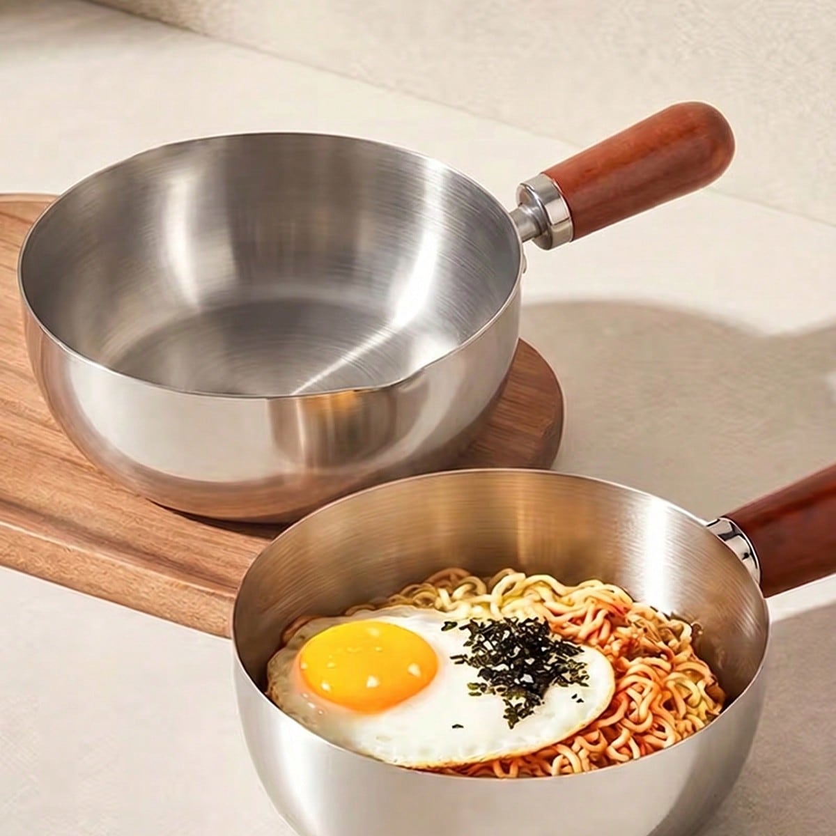 1Pc Stainless Steel Sauce Pan With Wooden Handle, Available Non-Stick Small Milk Pot, Heat Resistant Wooden Handle, Multipurpose Kitchen Cookware For Boiling Milk, Soup, Noodles, Home Cooking & Daily Meal Prep