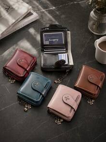 Muroi Mono 1Pc Zipper Coin Purse, Retro Oil-Wax Leather With Clover Chain Charm, Multi Card Slots, Lightweight Storage For Daily Errands. - Multicolor - View 2