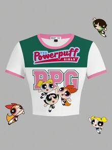 THE POWERPUFF GIRLS X SHEIN 圆领短袖紧身短款撞色饰边领夏季休闲卡通可爱趣味运动芭蕾舞风格复古花朵、泡泡、毛茛图案全覆盖紧身女式T恤 - 白色 - 查看 6