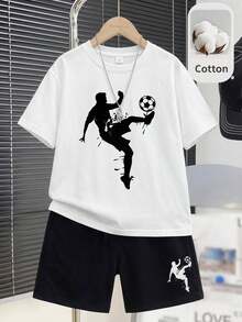 SHEIN 男童足球印花運動套裝，短袖上衣 & 短褲 2 件組休閒運動套裝 - 黑與白 - 查看 6