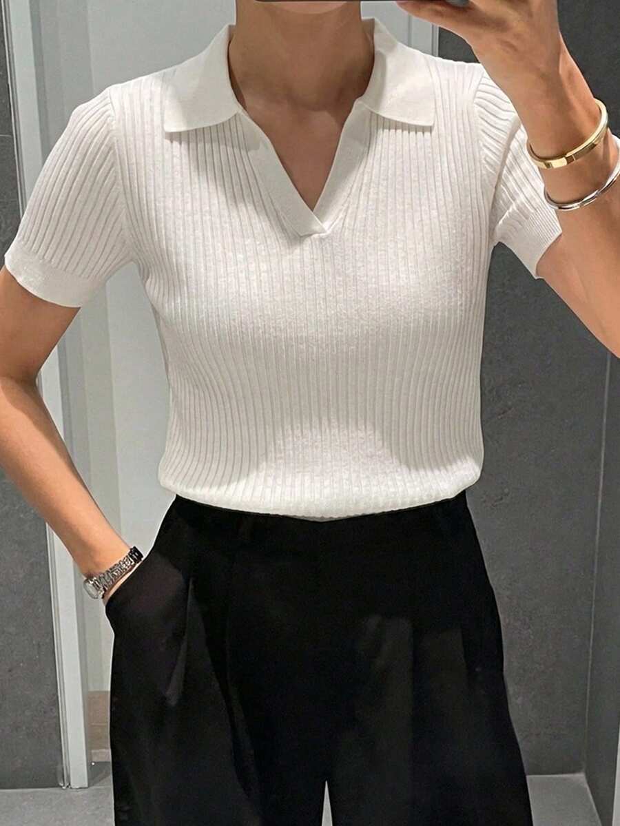 DAZY Women's Slim Fit Ribbed Minimalist Versatile Short Sleeve Knit Top - White - View 1