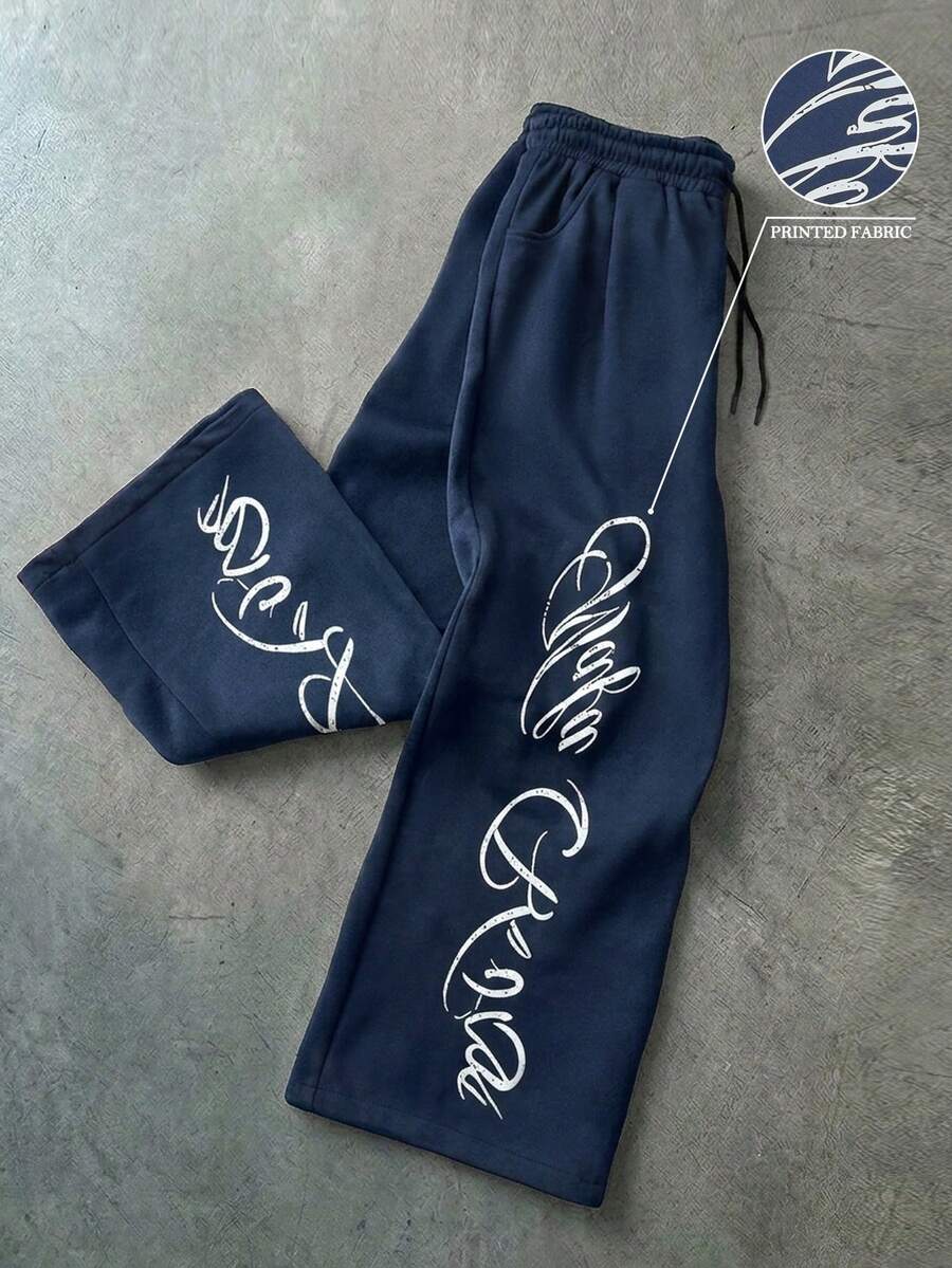 PAVTROS Pantalones de chándal casuales holgados con cintura de cordón y estampado de letras para hombre - Azul Marino - Ver 1