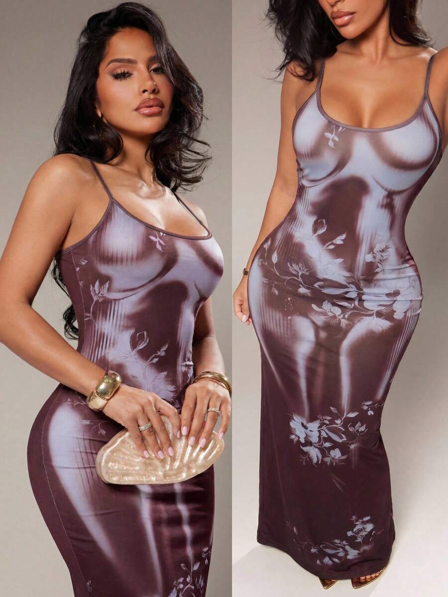 Radiana 女士夏季新款优雅印花修身吊带长裙,适合休闲外出、购物、聚会、度假、海滩、约会、音乐节、派对等场合。 - 彩色 - 查看 1
