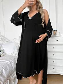 Moonlight&Mama 休閒素色蝴蝶結套頭V領背心洋裝與長袍2件組孕婦居家服套裝 - 黑色 - 查看 3