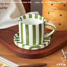 Hand-Painted Ceramic Coffee Cup & Plate Set - Nordic Vertical Stripes Mug, Creative Line Pattern Tea Breakfast Cup. Gift Box Packaging, Perfect Birthday & Holiday Gift For Family & Friends. - Multicolor - View 6