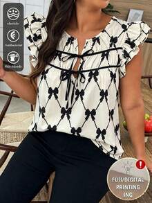 Weeklong Plus Size Faux Linen Contrast Color Bow Pattern Shirt - Black and White - View 6