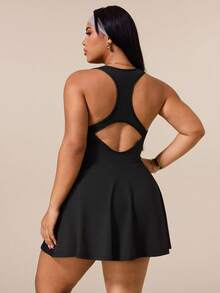 Easithlete Plus Size Women's Square Neck Sleeveless Sports Dress - Black - View 2