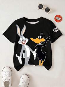 LOONEY TUNES X SHEIN 男童休闲字母卡通图案圆领短袖T恤，夏季款 - 白色 - 查看 1