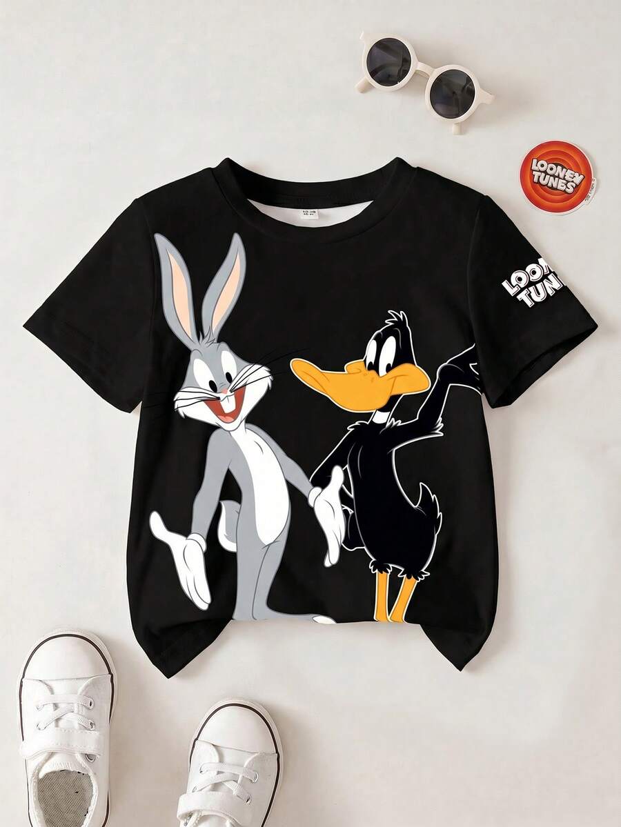 LOONEY TUNES X SHEIN 男童休闲字母卡通图案圆领短袖T恤,夏季款 - 白色 - 查看 1