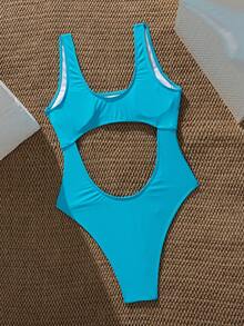Swim SXY 女款一件式鏤空純色泳衣 夏季海灘適用 - 天藍色 - 查看 2