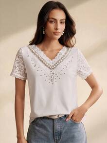 Anewsta Embellished Pearl Rhinestone V-Neck Lace Short Sleeve T-Shirt, Slimming Hollow Patchwork Floral Trim For Women Wedding Brunch Tea Party White Summer - White - View 6