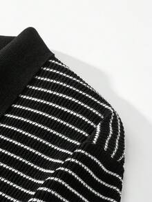 Manfinity Homme 男士條紋對比色鈕扣半開襟短袖針織上衣 - 黑與白 - 查看 7