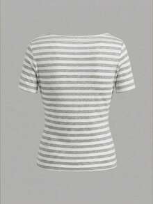 Tseoso 95%Cotton Women's Retro Gray/White Striped Short-Sleeve Tee - Summer Streetwear, Soft Girl - Multicolor - View 2