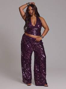 MUSERA Plus Size Sequin Halterneck Plunge Fitted Top Ibiza Festival Sexy Spring Summer Vacation Holiday Elegant Beach Obsidian - Purple - View 5