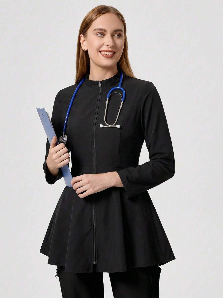 TaskEZ 1 pieza Chaqueta de uniforme de enfermería con cierre de cremallera y dobladillo acampanado de un solo color - Negro - Ver 1