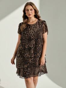 Chikora Plus Size Women's Leopard Print Round Neck Short Sleeve Ruffle Hem Loose Fit Dress - Multicolor - View 6