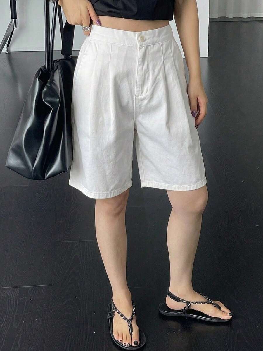 DAZY 女款純色休閒腰部鈕扣口袋膝長褲 夏季 - 白色 - 查看 1