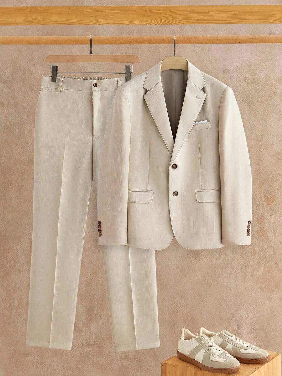 HIMLAND Men's Solid Color Lapel NeckLong Sleeve Jacket And Pants Suit Set Wedding White Summer Casual - Beige - View 1