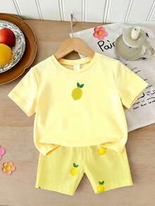 Souflis Souflis (Random 4 Sets,Send 1 Set)Girls Cute Fresh Lemon Strawberry Cherry Pattern Basic Short T-Shirt And Cycling Pants Set, Atmospheric Outfit - Multicolor - View 5