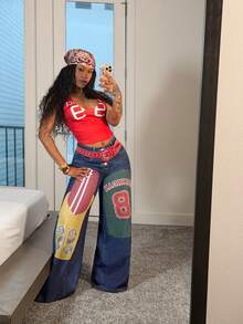 Jeanoix Y2K Women's Street Style Cartoon Print Patchwork Contrast Color Wide Leg Denim Jeans Hip Hop Cool Straight Leg Pants Going Out Everyday Blue Summer - Dark Wash - View 4