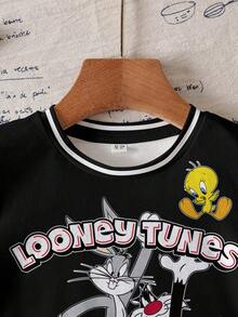 LOONEY TUNES X SHEIN 小男孩休闲撞色条纹卡通图案圆领短袖T恤，夏季 - 白色 - 查看 3