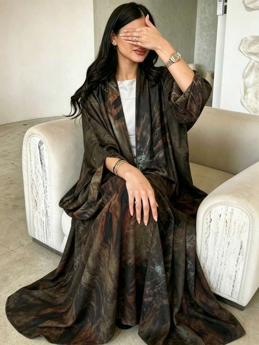 Yasmyna 紮染長袖寬鬆優雅阿拉伯阿巴雅長袍 - 軍綠色 - 查看 1