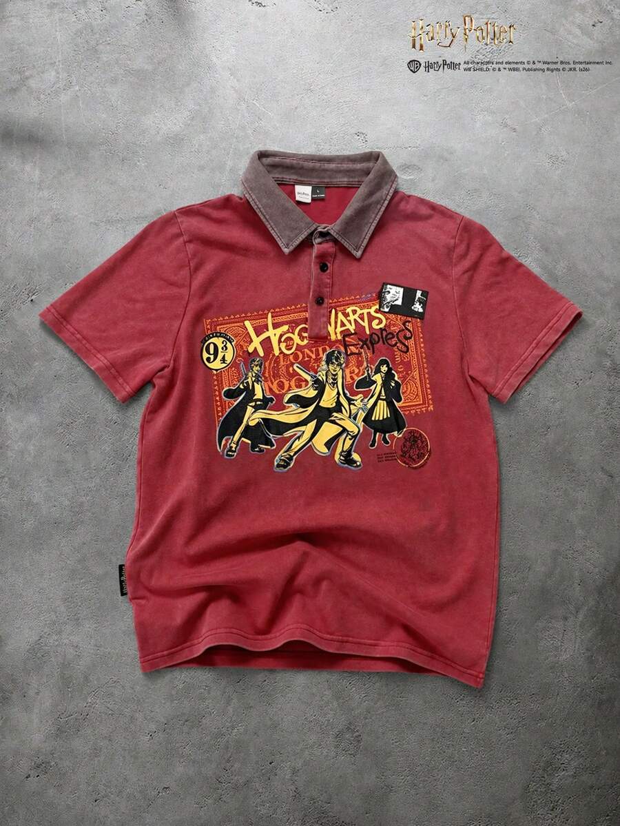 HARRY POTTER X SHEIN PAVTROS 男士復古做舊字母與卡通角色印花半門襟鈕扣短袖 Polo 衫,儀式場合適用 - 紅色 - 查看 1