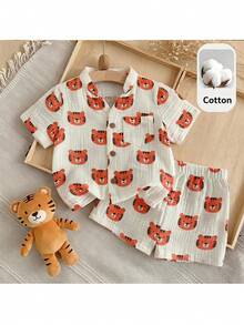 Loomiva Baby Boy Contrast Color Little Tiger Cartoon Pattern Round Neck Short Sleeve Button-Up Top And Elastic Waist Shorts 2-Piece Set - Apricot - View 3