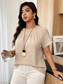 Weeklong Vintage Beige Shirred Sleeve Shirt, Elasticated Neck Ruffle Detail, Linen-Blend Pastoral Top, Plus Size Spring Summer Resort Wear Vacation Beach Chic - Khaki - View 6