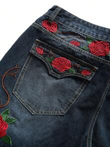 ROMWE MEN Pantalones cortos de mezclilla holgados con bordado floral para hombres - Azul - Ver 2