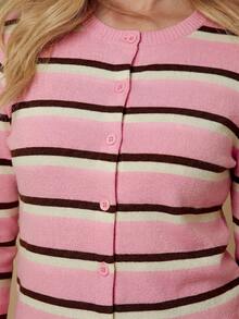 WESTFADE Crewneck Button Front Striped Long Sleeve Cardigan Pink Sweater, Country Style For Women - Pink - View 6