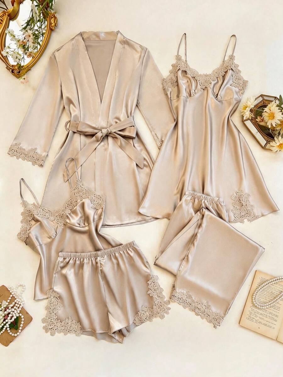 SHEIN Set Piyama Wanita 5 Potong Bahan Sutra Imitasi dengan Atasan Kamisol Leher V Berenda Bordir, Celana Pendek, Celana Panjang, Gaun Dalam, dan Jubah - Khaki - View 1