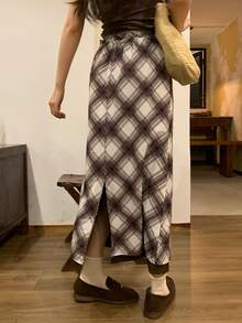 DAZY Women's Plaid Drawstring Waist Casual Versatile Daily Outing Skirt Fall - Coffee Brown - View 2
