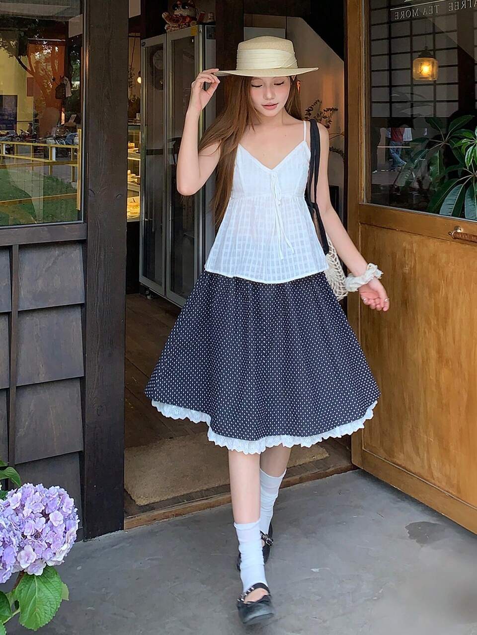 Women's Polka Dot 2 In 1 Lace Trim Patchwork Casual Korean Style Skirt