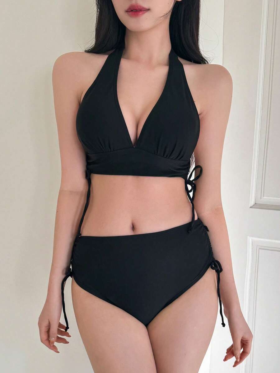 DAZY Ladies' Solid Color Halter Neck Bikini Set Summer Beach,Tankini Bathing Suit Vacation - Black - View 1