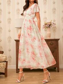 Levarali V-Neck Elegant Ruffle Hem Floral Print Waist Cinched A-Line Midi Dress, Romantic For Wedding Tea Party Mother Of The Bride Off-White Summer - Multicolor - View 6