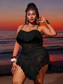 Maweii Women's Summer Adjustable Strap Neckline Ruffle Hem Lace Patchwork Plus Size Dress, Romantic Sexy Party Beach Vacation Casual Vacation Outfit Black - Black - View 5