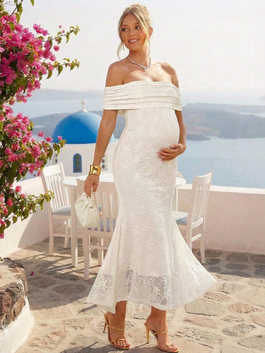 Loomaby Maternity Off-Shoulder Pleated Jacquard Elegant Dress,Gender Reveal Dress,Maternity Dress,Baby Shower Dress - Apricot - View 1