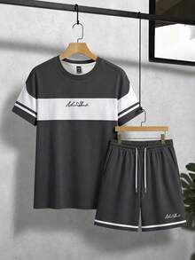 Manfinity Roughcore Men's Classic Colorblock New York Letter Print T-Shirt And Shorts Set, Holiday - Multicolor - View 4