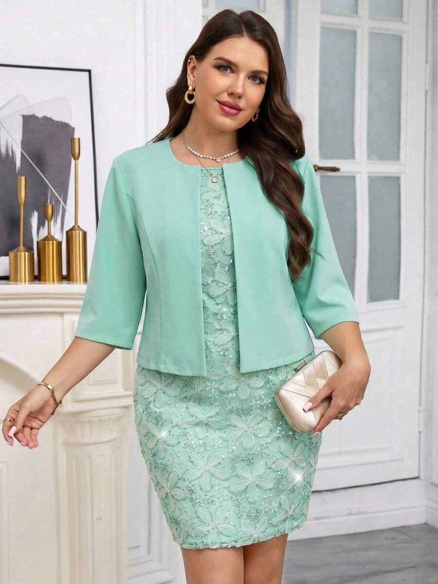SHEIN Clasi 大码女式优雅刺绣亮片连衣裙和长袖开衫两件套 - 綠色 - 查看 1