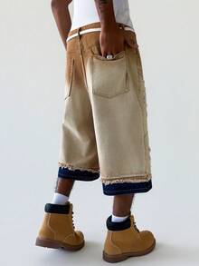 PAVTROS Celana Capri Denim Kancing Saku Berdesain Hip-Hop Ukuran Besar Pria - Khaki - View 2