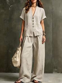 SHEIN Holidaya Summer Women's Vacation Casual Commute Daily Work Gathering Comfortable Minimalist Style Linen Short Sleeve Cardigan Jacket Long Pants 2 Pieces Set - Khaki - View 2