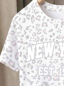 SHEIN 青少年女孩灰色豹紋滿版短袖T恤與短褲套裝，適合外出、街頭穿搭、日常百搭休閒，適用春、夏、秋季，簡約New York 1970字母印花 - 彩色 - 查看 5