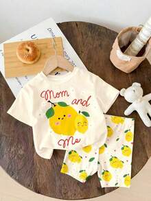 Souflis Souflis (Random 4 Sets,Send 1 Set)Girls Cute Fresh Lemon Strawberry Cherry Pattern Basic Short T-Shirt And Cycling Pants Set, Atmospheric Outfit - Multicolor - View 7