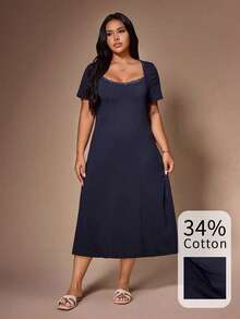 Lazeform Navy Blue Comfortable Fitted Sleepwear Dress, Slimming Plus Size For Summer - Navy Blue - View 4