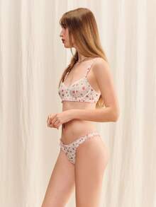 lacRébo White And Pink Floral Printed Mesh Underwired Bra And Matching Ruffled Tanga Cute Lingerie Set - Multicolor - View 4